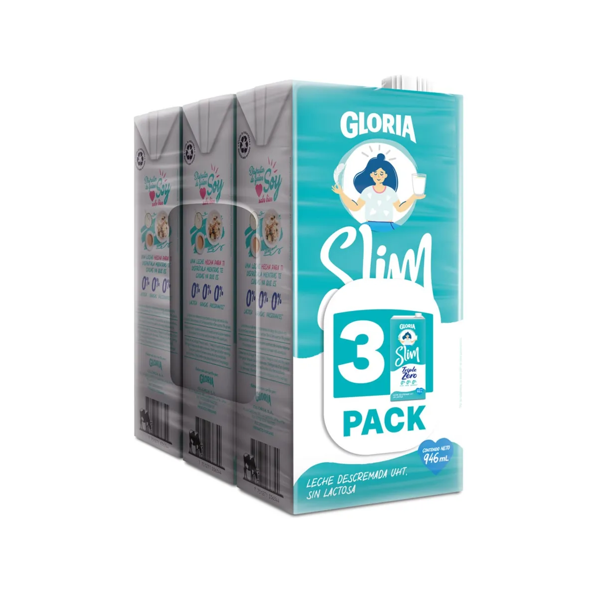 Leche UHT Gloria Slim Triple Zero Pack 3 Cajas la mayorita
