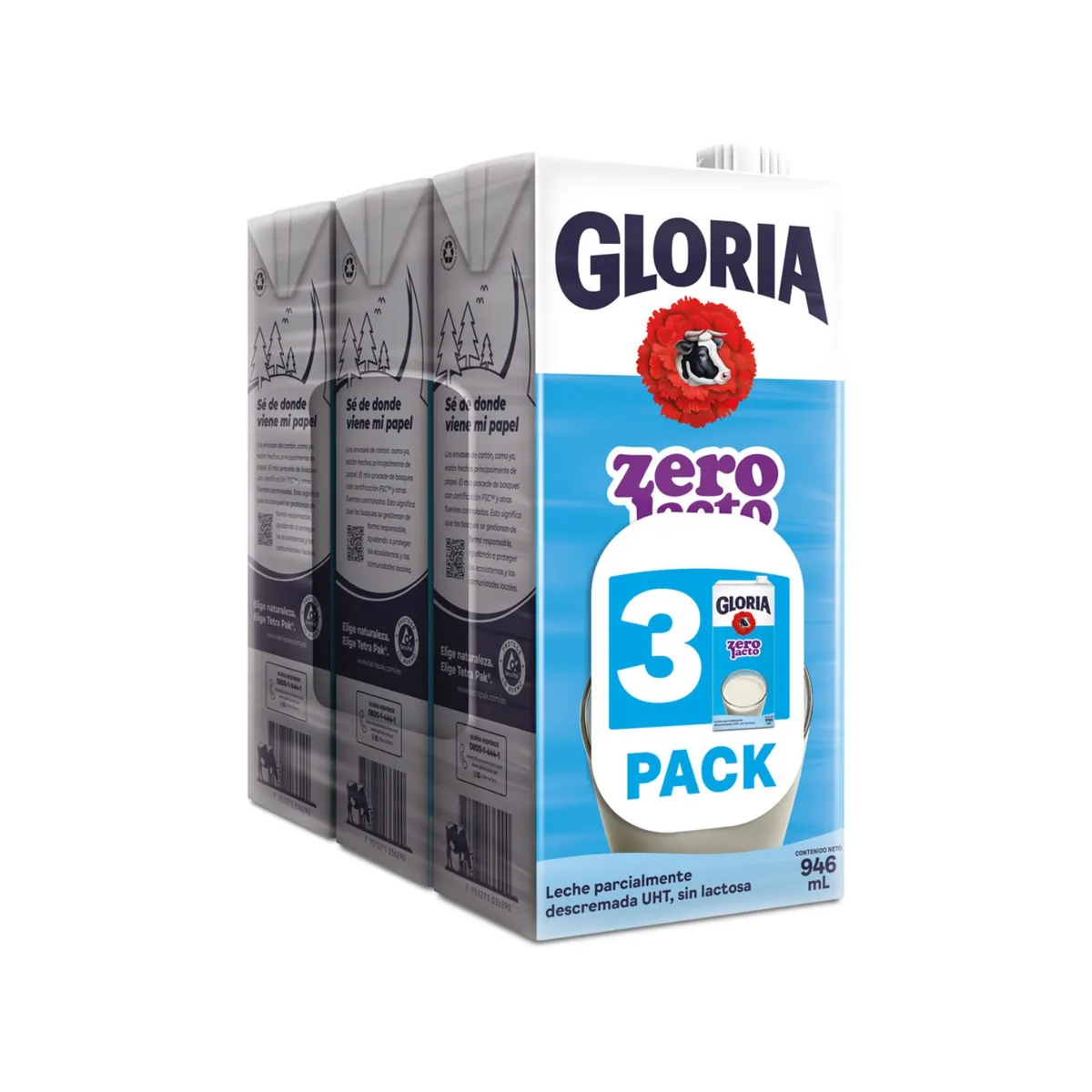 Leche UHT Sin Lactosa Gloria Zero Lacto Pack 3 Cajas 946 mL la mayorita